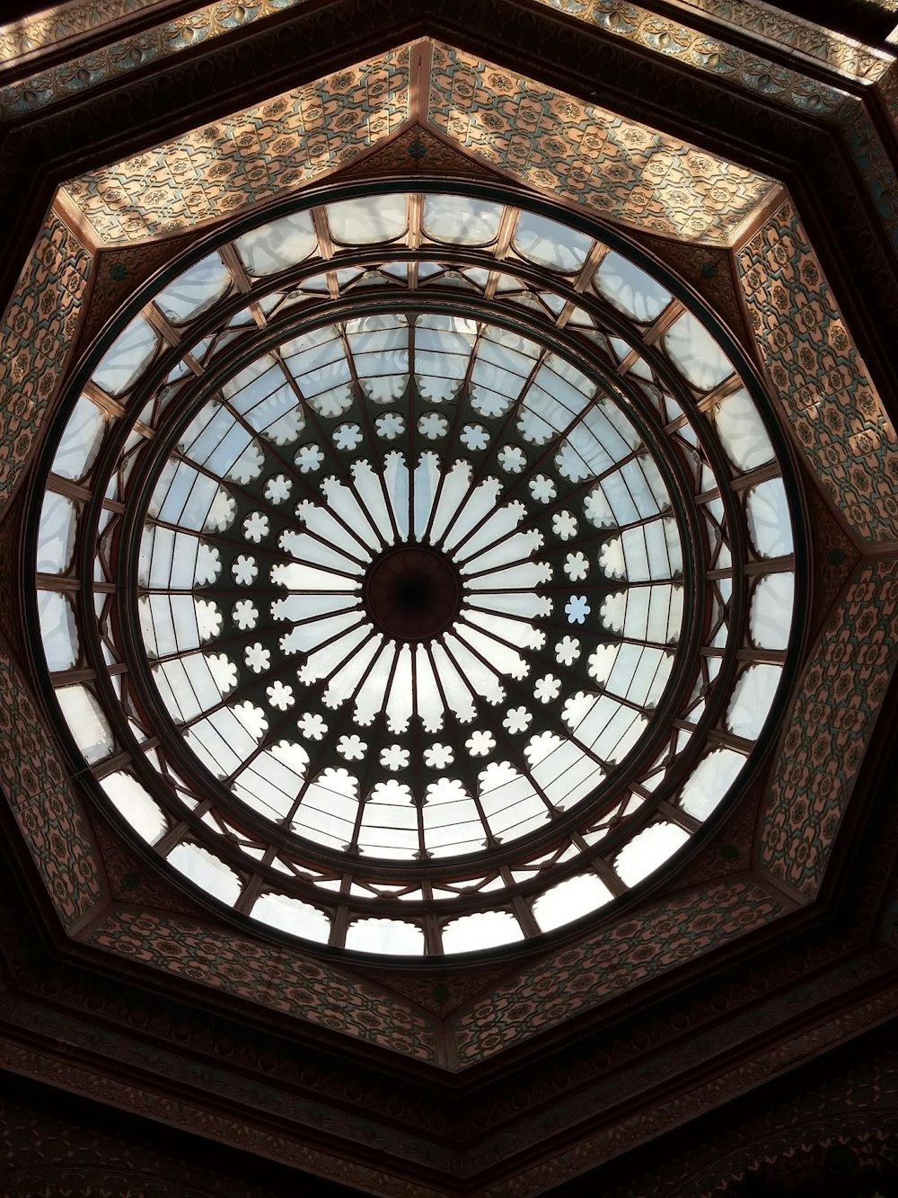 blue and brown floral glass ceiling