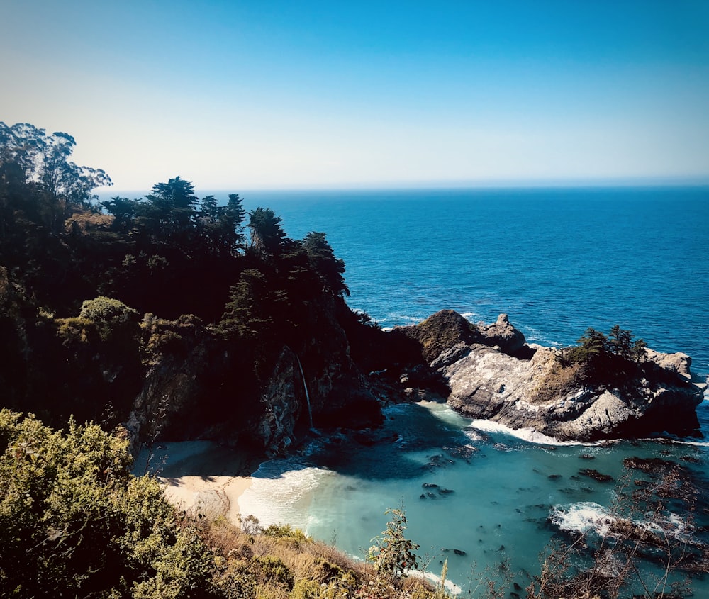 green trees on brown rock formation near blue sea under blue sky during daytime