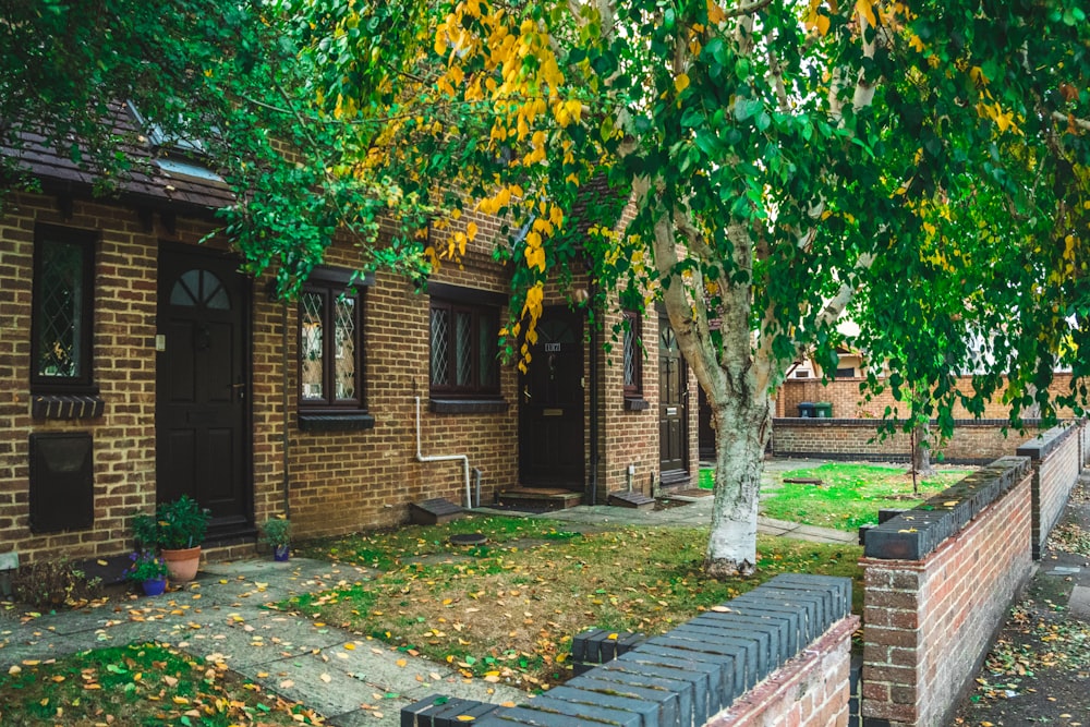 brown brick house with green and yellow trees