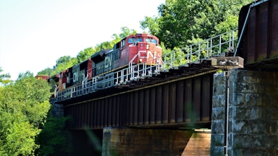 A sleek train passing through a scenic bridge surrounded by lush greenery.