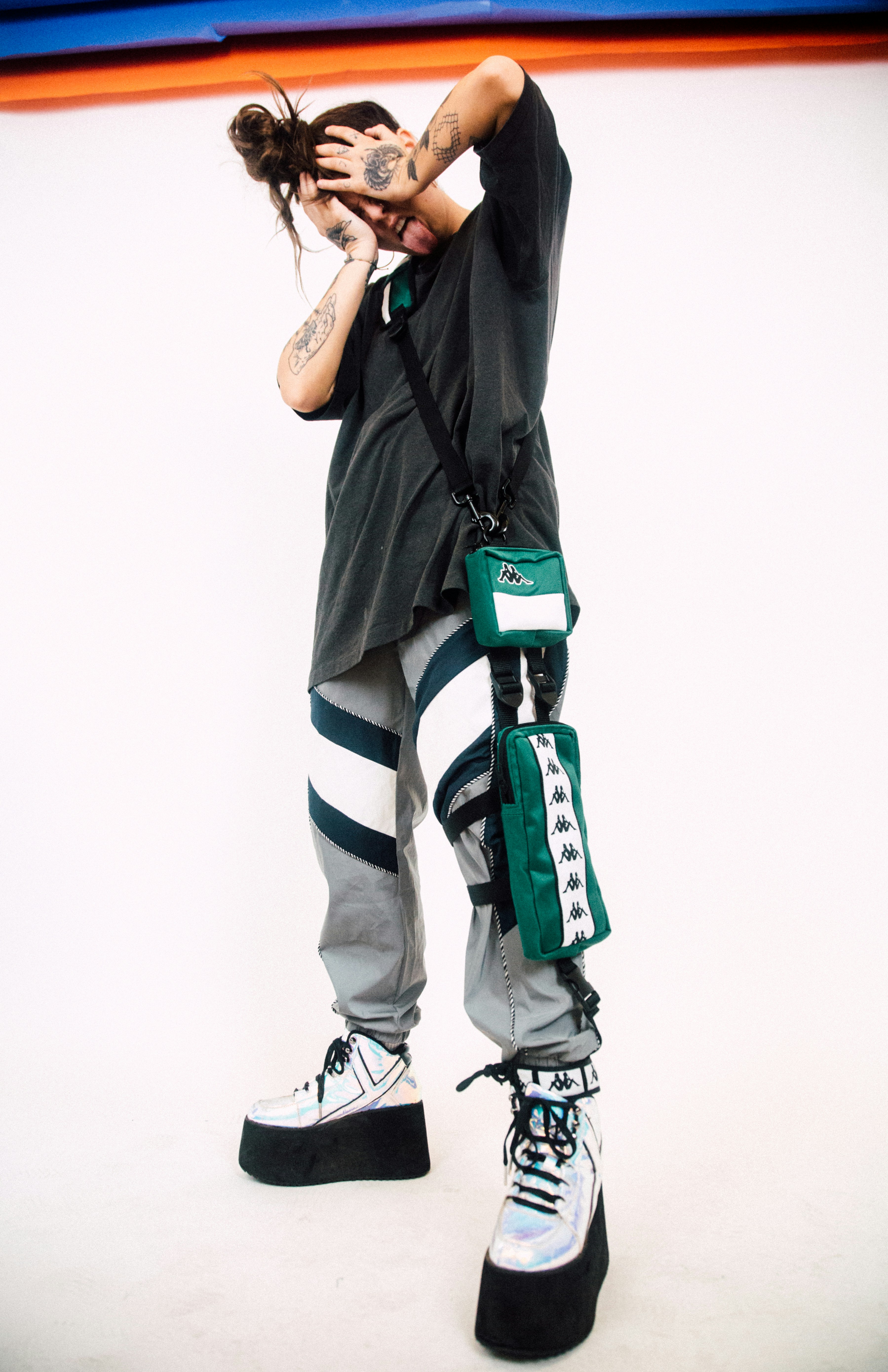 green and black striped pants