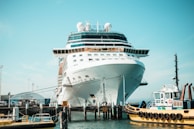 A large cruise ship is docked at a port, with a smaller tugboat nearby. The ship is prominent in the center, displaying a sleek white design and multiple decks. The sky above is clear and blue, creating a vibrant backdrop.