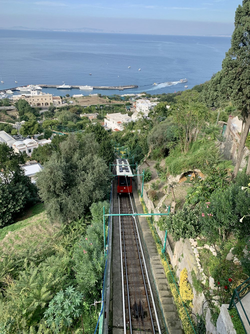 red and white train on rail road near body of water during daytime