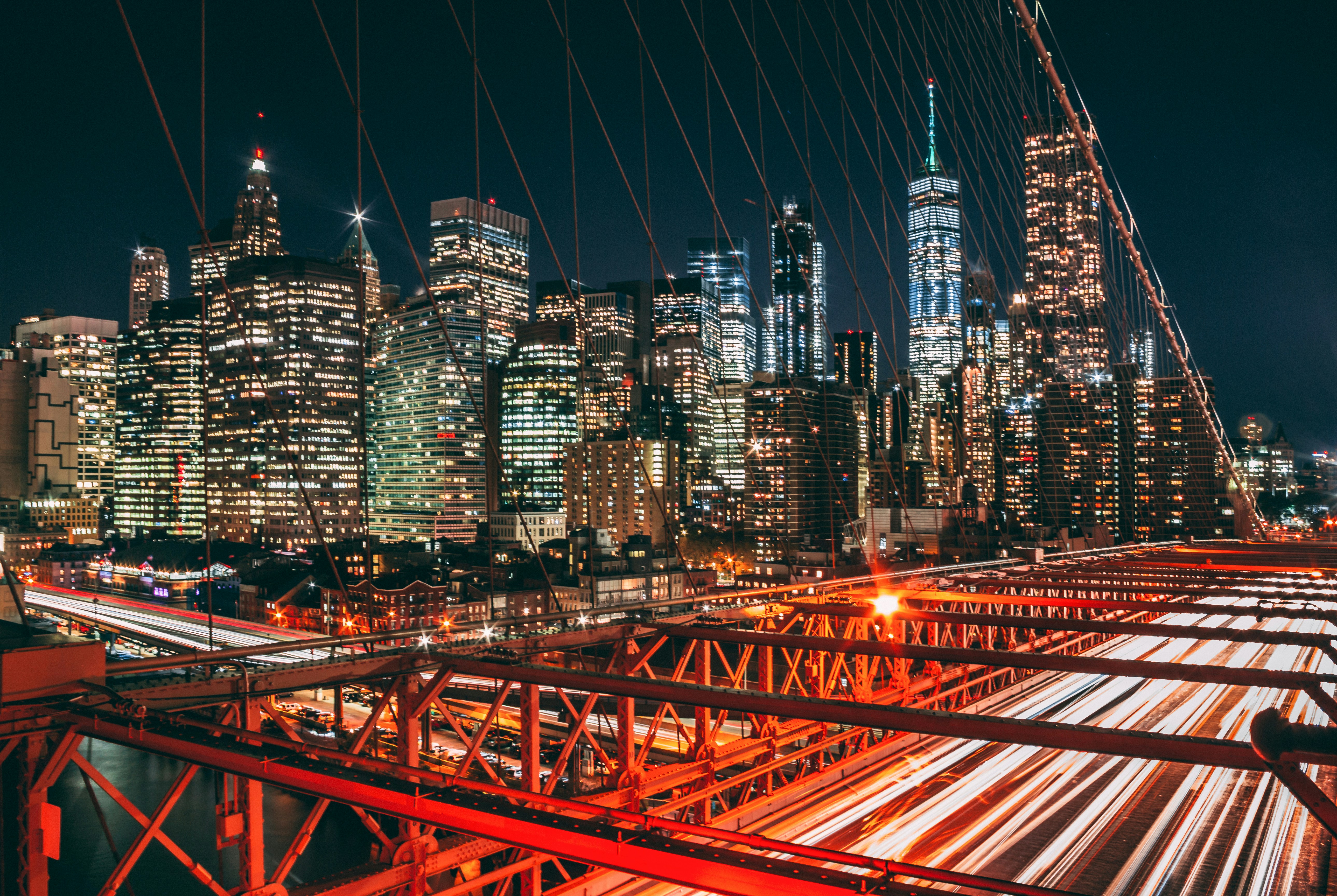 city skyline during night time, Manhattan Skyline View from Brooklyn Bridge at Night, NYC at Night