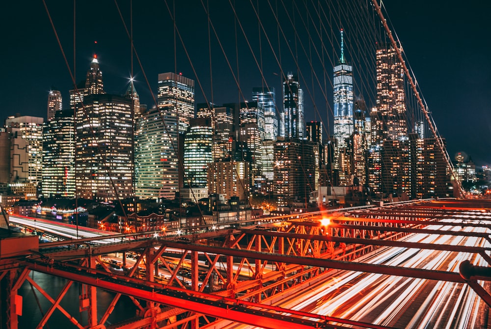 city skyline during night time