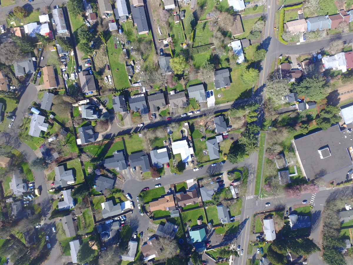 Aerial view of a suburban neighborhood