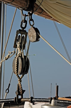 Close-up of yacht spare parts neatly organized on shelves.