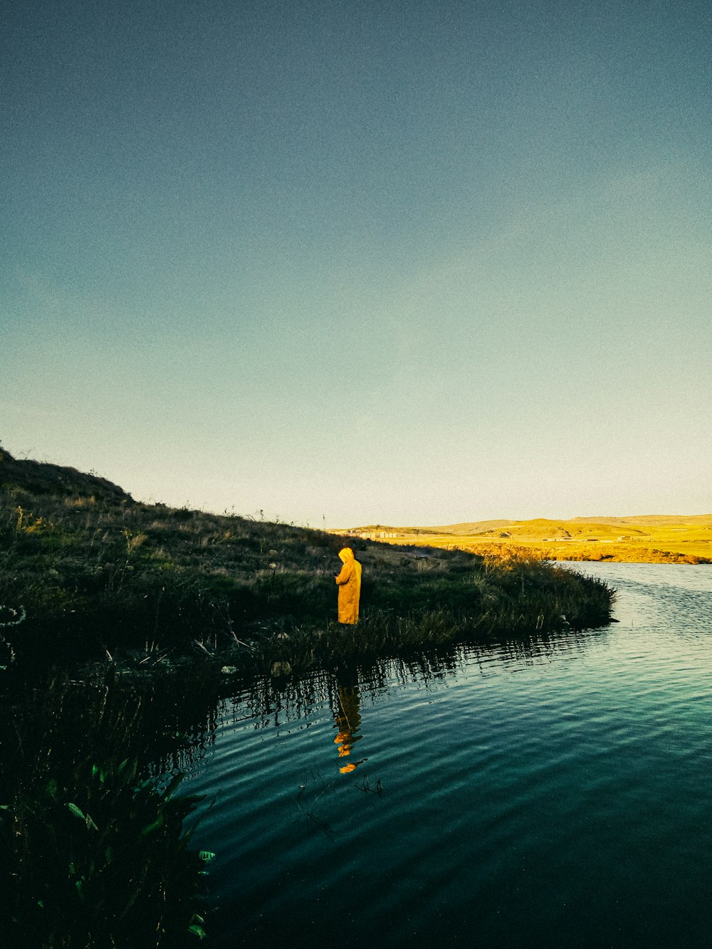 person in yellow shirt standing on green grass field near body of water during daytime