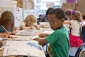 Children are seated at a table in a classroom, engaged in drawing and coloring activities. A boy in a green shirt is in focus, concentrating on his work. Other children are focused on their own projects, with art supplies scattered on the table.