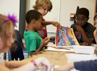 A group of diverse children engaged in a colorful financial literacy workshop.