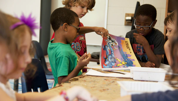 A group of diverse children engaged in a colorful financial literacy workshop.