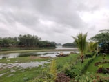 A serene landscape featuring a river surrounded by lush greenery and trees under a cloudy sky. A neat garden with trimmed hedges and palm trees borders the foreground. A small yellow excavator is visible near the riverbank.
