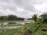 A serene landscape featuring a river surrounded by lush greenery and trees under a cloudy sky. A neat garden with trimmed hedges and palm trees borders the foreground. A small yellow excavator is visible near the riverbank.