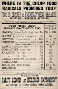 A vintage political advertisement highlights the rise in food prices and unemployment under a radical government compared to 1905. It lists the costs of various food items like bacon, cheese, and sardines under a unionist government in 1905 versus higher prices for the same items in 1909. It promotes tariff reform and increased employment.