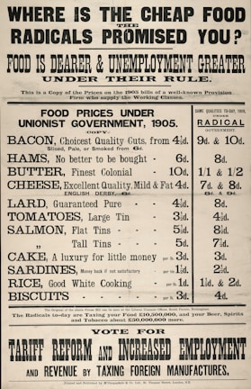 A vintage political advertisement highlights the rise in food prices and unemployment under a radical government compared to 1905. It lists the costs of various food items like bacon, cheese, and sardines under a unionist government in 1905 versus higher prices for the same items in 1909. It promotes tariff reform and increased employment.
