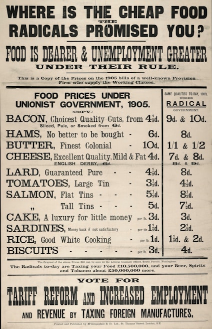 A vintage political advertisement highlights the rise in food prices and unemployment under a radical government compared to 1905. It lists the costs of various food items like bacon, cheese, and sardines under a unionist government in 1905 versus higher prices for the same items in 1909. It promotes tariff reform and increased employment.
