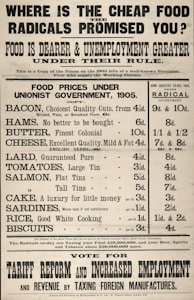 A vintage political advertisement highlights the rise in food prices and unemployment under a radical government compared to 1905. It lists the costs of various food items like bacon, cheese, and sardines under a unionist government in 1905 versus higher prices for the same items in 1909. It promotes tariff reform and increased employment.