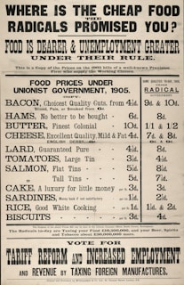 A vintage political advertisement highlights the rise in food prices and unemployment under a radical government compared to 1905. It lists the costs of various food items like bacon, cheese, and sardines under a unionist government in 1905 versus higher prices for the same items in 1909. It promotes tariff reform and increased employment.
