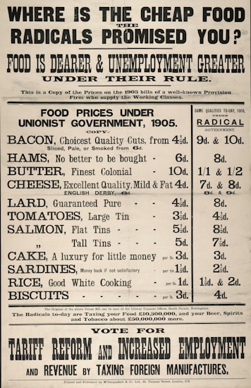 A vintage political advertisement highlights the rise in food prices and unemployment under a radical government compared to 1905. It lists the costs of various food items like bacon, cheese, and sardines under a unionist government in 1905 versus higher prices for the same items in 1909. It promotes tariff reform and increased employment.