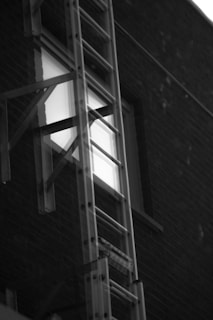 A metal ladder is positioned against the exterior wall of a building, rising up towards a window. The wall is constructed of dark brick, and the window reflects light, creating a contrast against the surrounding structure.