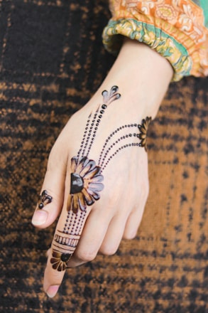 A hand adorned with intricate henna designs featuring floral patterns and dotted lines. The henna art is prominently displayed on the back of the hand and extends to the fingers. The hand is resting on a textured, patterned surface. The sleeve of the outfit worn by the person features vibrant orange, yellow, and green embroidered designs.