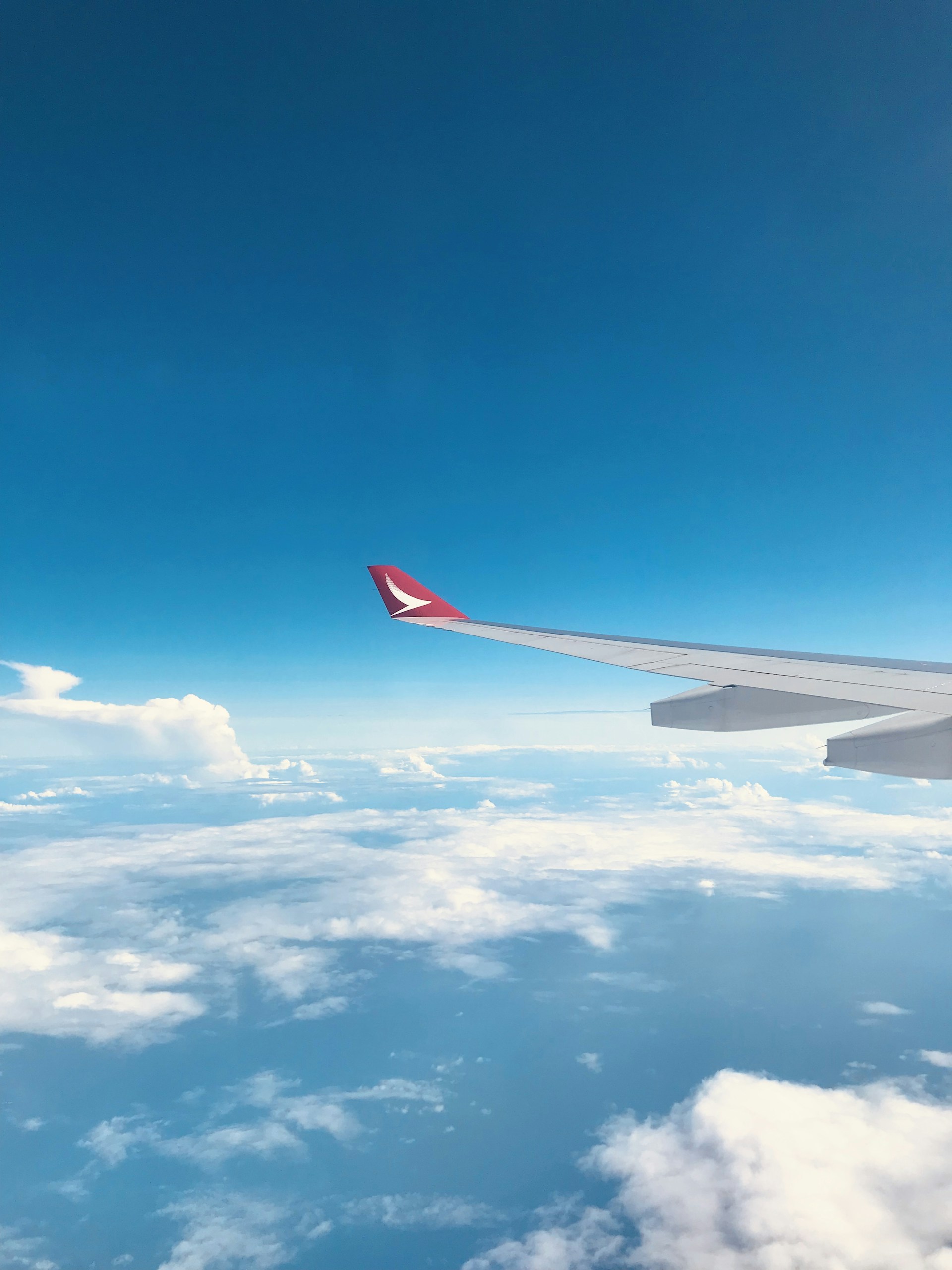 A sleek airplane wing cutting through a clear blue sky, symbolizing affordable journeys ahead.