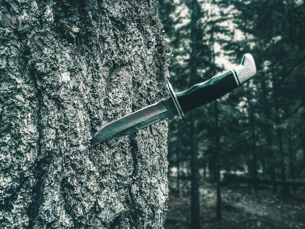 coltello nero e argento su albero marrone