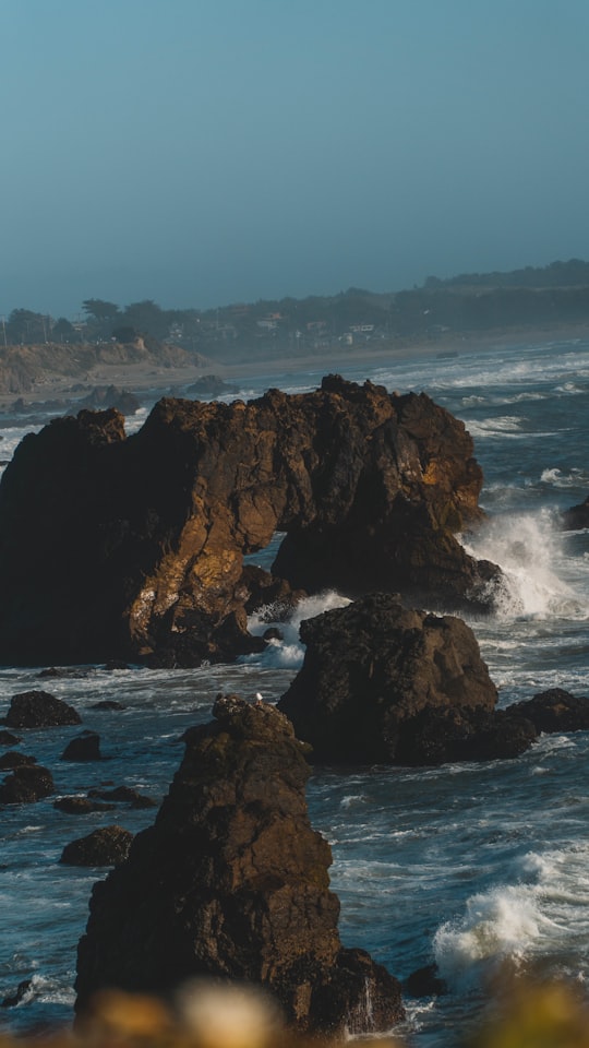 brown rock formation on sea during daytime in Bodega Bay United States