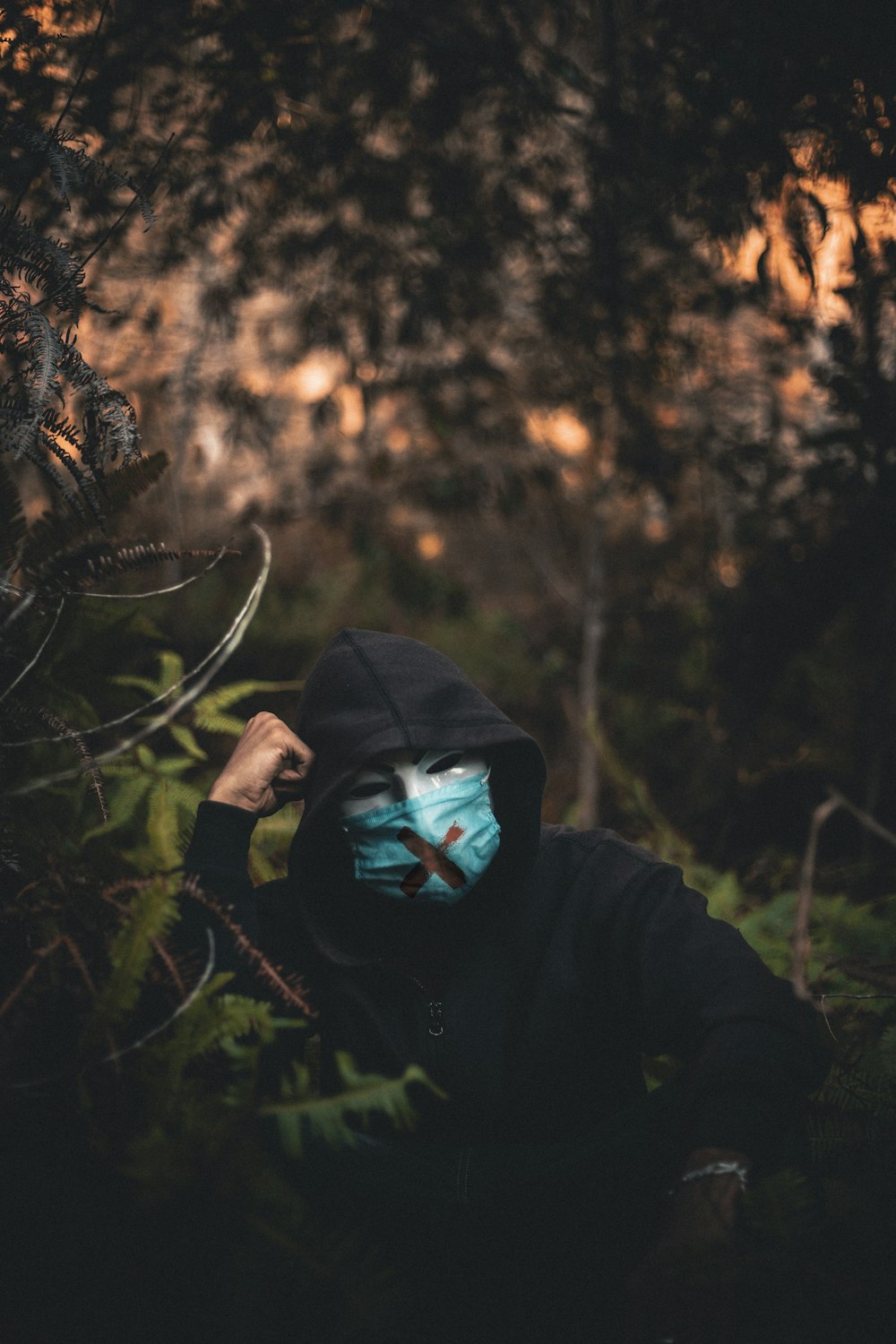 person in black hoodie standing in forest during daytime