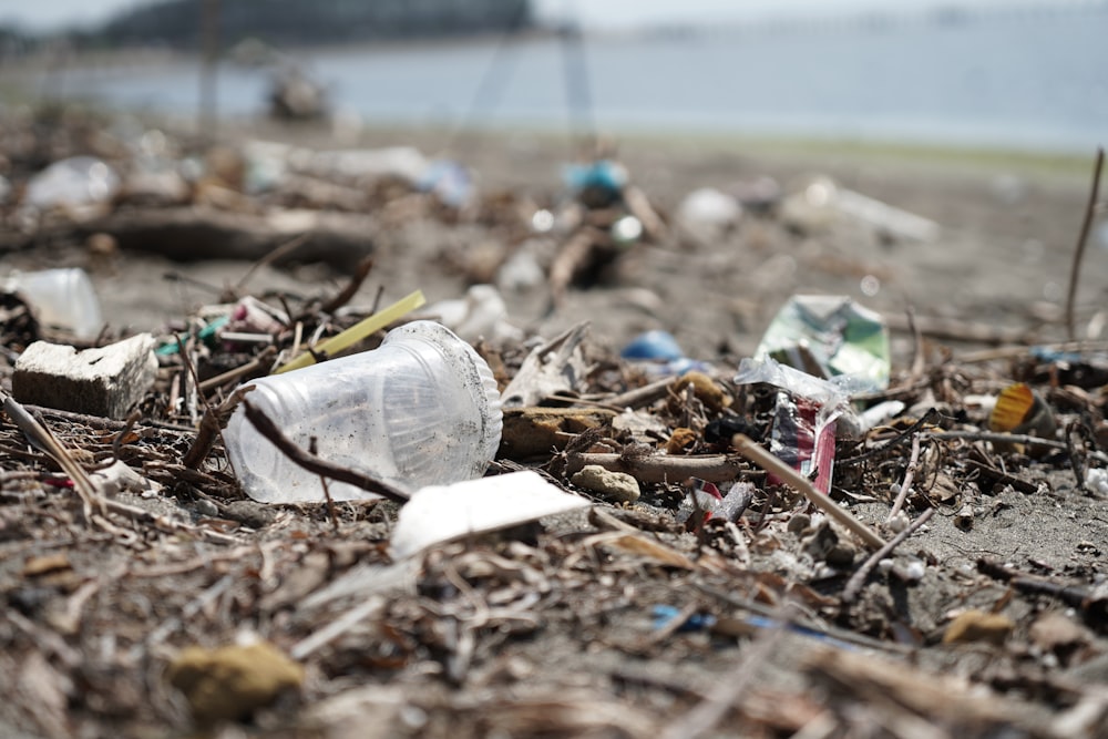 weiße Plastikflasche auf braunen getrockneten Blättern