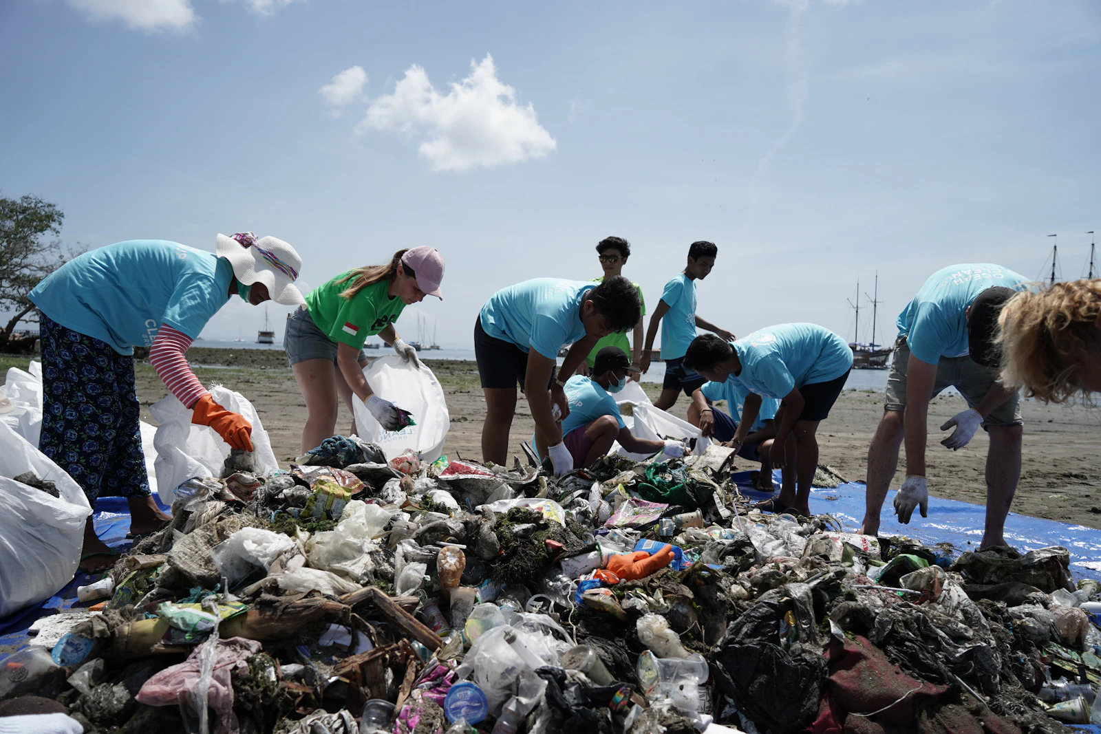 Bénévoles triant des déchets collectés sur une plage