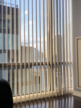 Vertical blinds partially cover a large window displaying a view of modern high-rise buildings against a blue sky with scattered clouds. Reflections and shadows are cast on the wooden floor, adding a sense of depth.