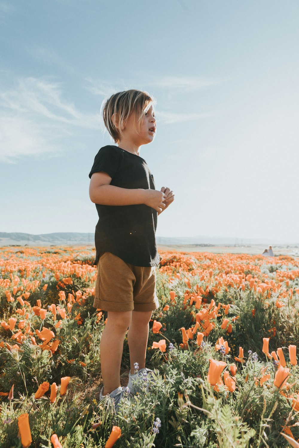 woman in black t-shirt and brown shorts standing on red flower field during daytime