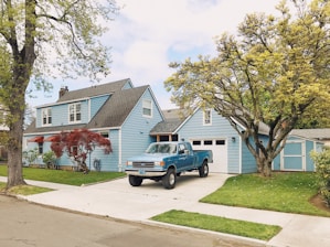 blue and white single cab pickup truck parked near green tree during daytime