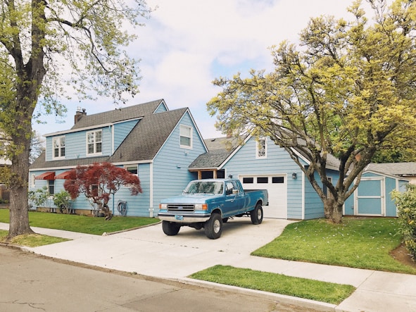 blue and white single cab pickup truck parked near green tree during daytime