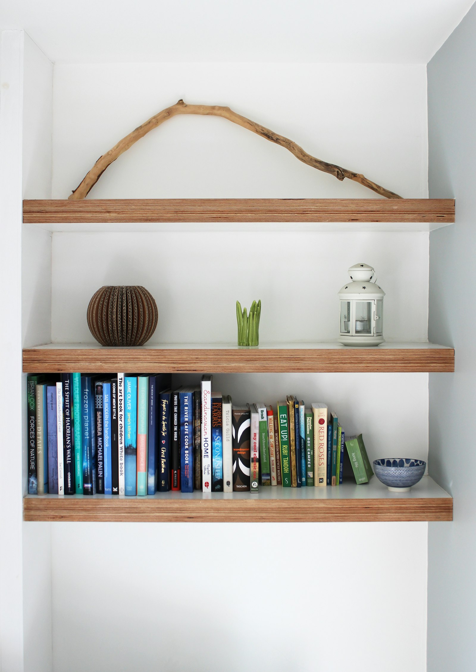 Fresh, beautifully styled open shelving with ceramics and plants