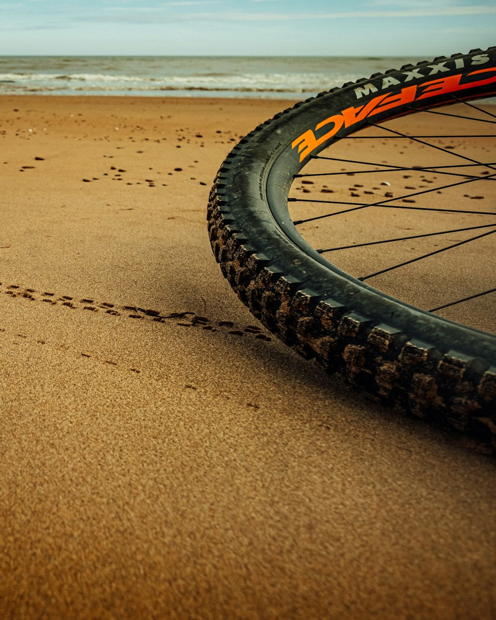 black and yellow bicycle tire on beach shore during daytime