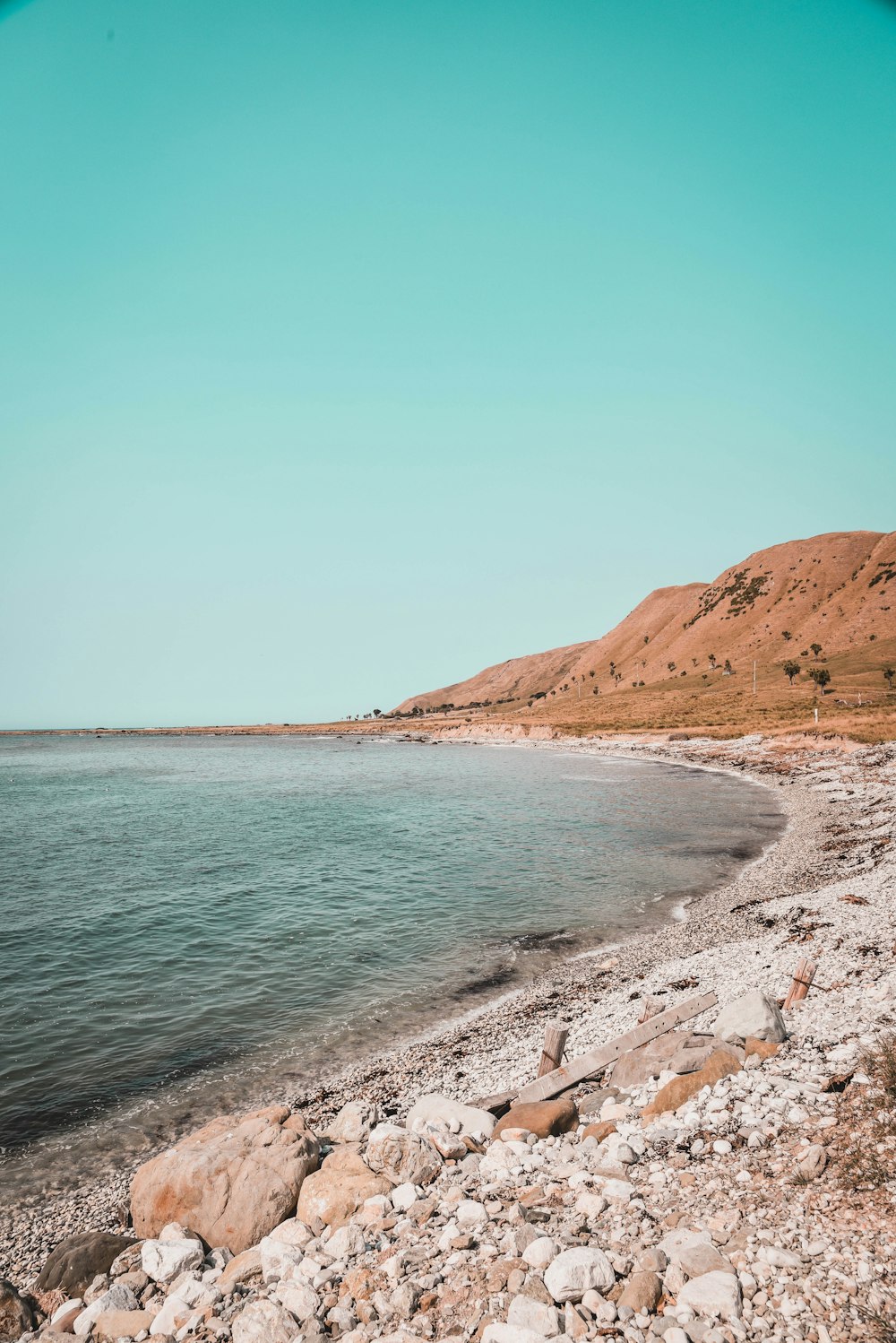 brown mountain near body of water during daytime