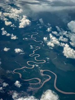 An aerial shot of a winding river cutting through a lush green landscape.