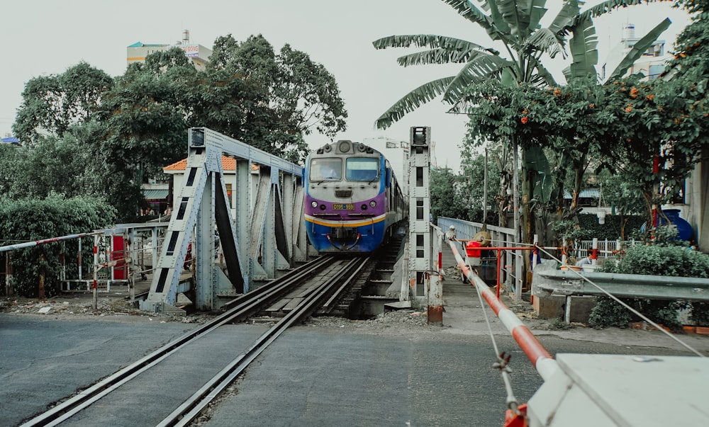 blue and white train on rail road during daytime