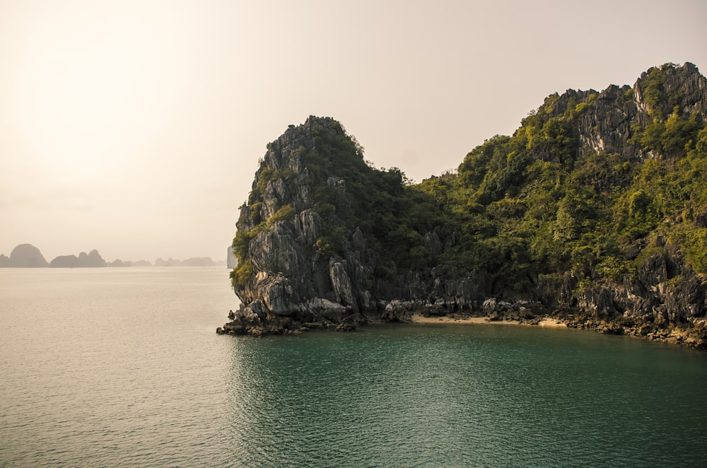 昼間の海上の緑と灰色の岩層