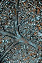 A close-up of an abstract textured surface featuring irregular patterns resembling neural networks or biological structures. The surface appears metallic with reflective qualities and intricate grooves.