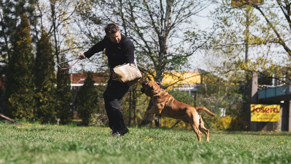 man in black jacket and blue denim jeans holding brown short coated dog on green grass