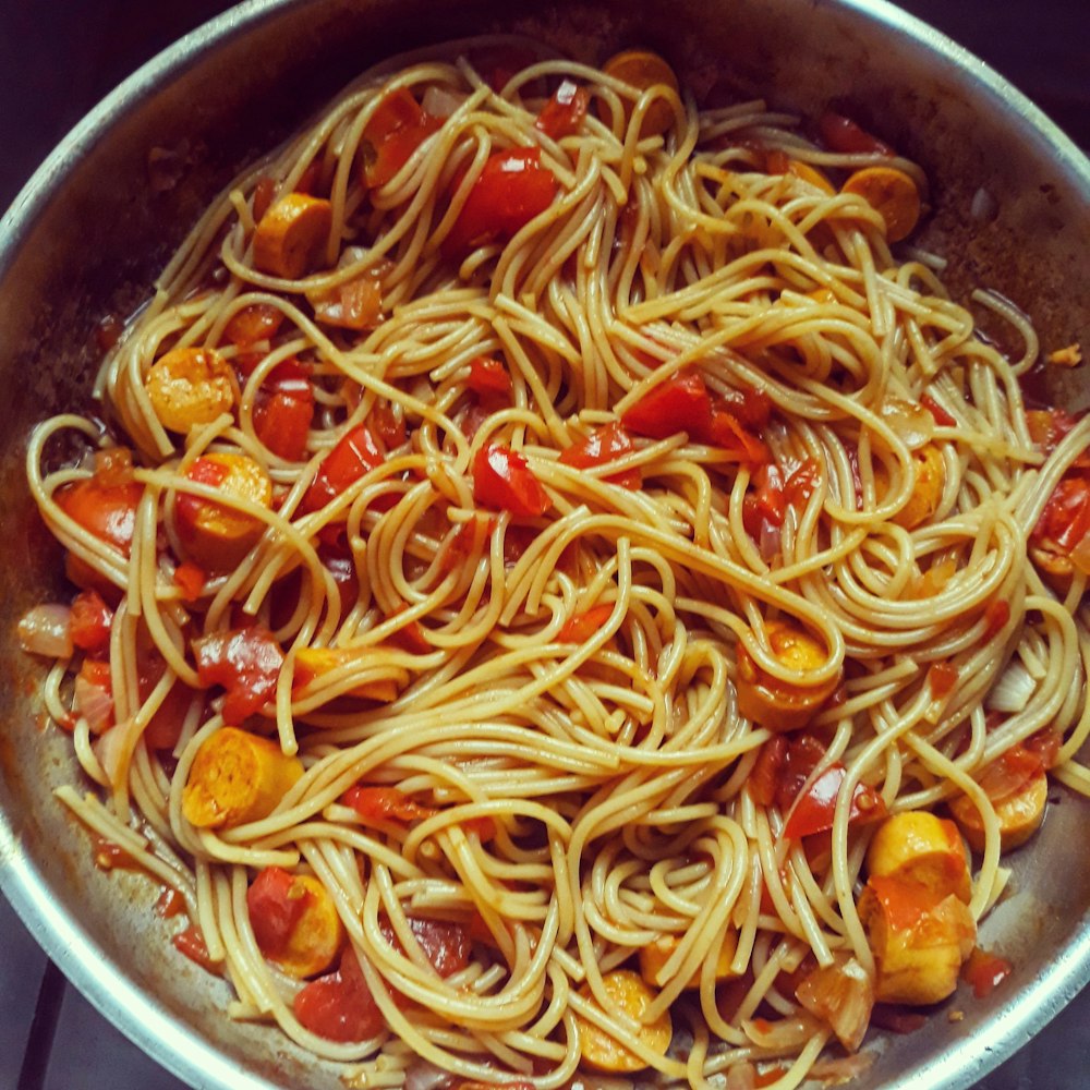 spaghetti on stainless steel bowl