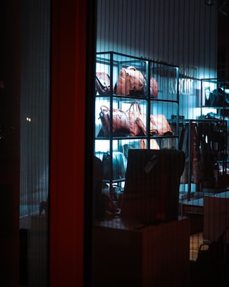 A display of leather bags arranged on shelves, illuminated by a blue-tinted light, creating a sleek and stylish atmosphere inside a store. The view is through a glass, showcasing the variety of bags in an organized manner.
