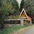 A charming wooden A-frame cabin is nestled among dense, tall pine trees. The cabin features a small, square window at the front, and it is surrounded by a stone and wooden fence. The area is abundant with green foliage and tall yellow wildflowers, enhancing the rustic and secluded atmosphere.