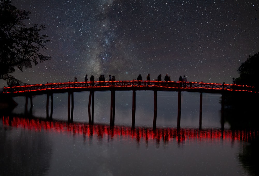 brown wooden dock on body of water during night time
