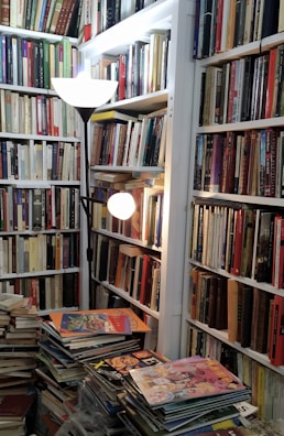 A cozy and densely packed room full of bookshelves lined with a wide variety of books. Piles of magazines and comics are stacked on a table in the foreground. A floor lamp with two glowing bulbs illuminates the space, creating a warm and inviting atmosphere.