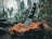 A knife with an intricately patterned blade is embedded in the center of a tree stump in a forest setting. The forest is dense with tall trees and a variety of green foliage, creating a natural backdrop. The knife handle is dark with metallic accents.