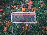 Vintage-style keyboard with round keycaps on a rustic wooden table